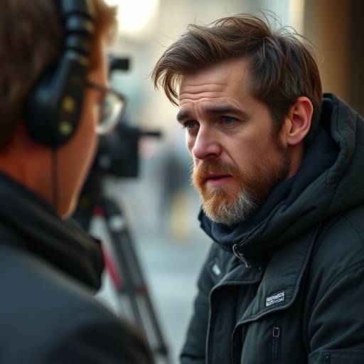 Nikolaj Lie Kaas i et interview med et filmhold i baggrunden.
